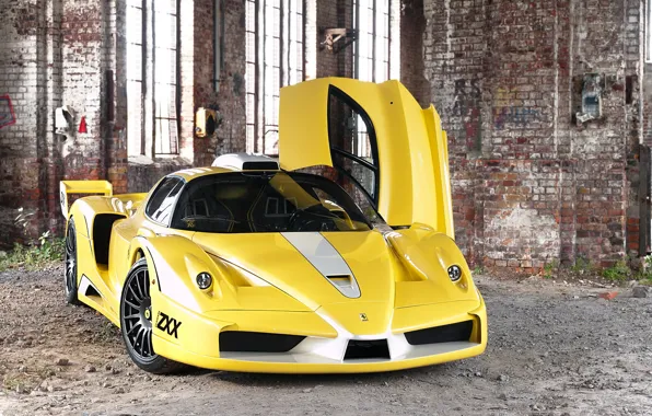 Picture supercar, Ferrari, Ferrari Enzo, brick wall, open door, ZR Exotics, Edo Competition ZXX