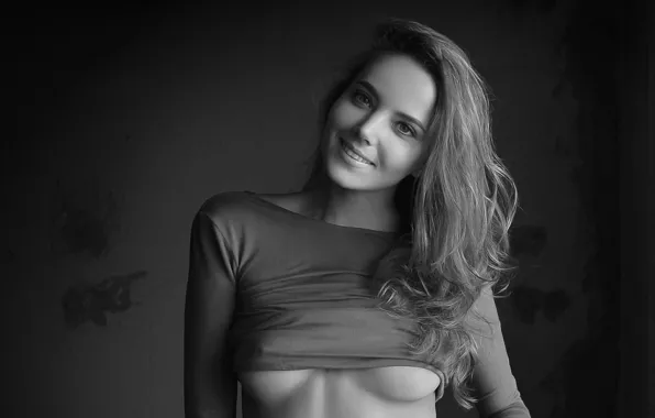 Girl, sexy, cleavage, blouse, erect nipples, long hair, boobs, smile