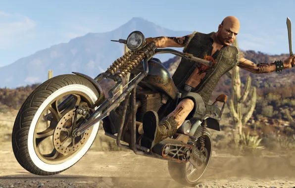 Sake, game, desert, motorcycle, mountains, sand, GTA, tattoo