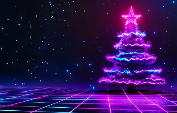 Mesh, star, neon, Christmas, New year, neon light, purple background, Christmas tree