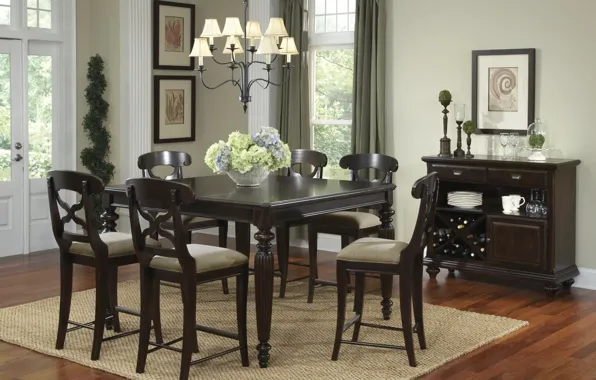 Design, table, chairs, interior, chandelier, vase, dining room