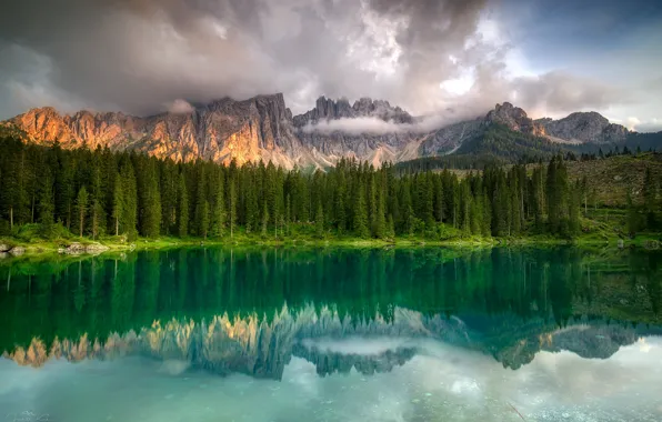 Forest, the sky, water, clouds, trees, mountains, lake, reflection