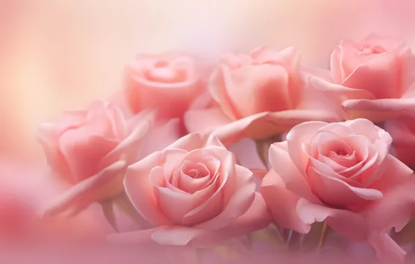 Flowers, holiday, roses, bouquet, blur, haze, gentle, pink