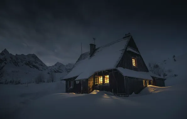 Picture mountains, winter, nature, house, night, landscape