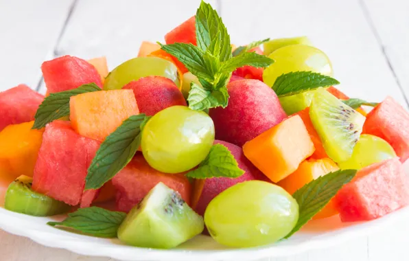 Breakfast, watermelon, kiwi, grapes, fruit, mint, dessert, salad