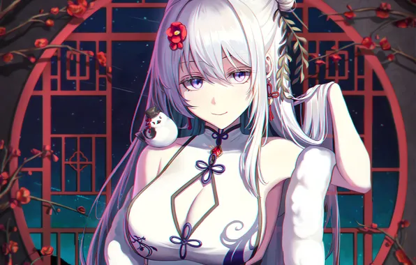 Girl, sexy, cleavage, long hair, dress, boobs, bird, anime