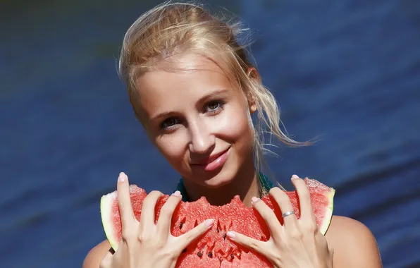 Picture sea, girl, watermelon