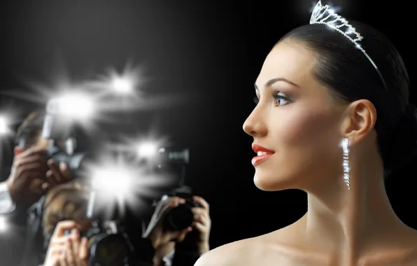 Girl, profile, brown hair, earring, Diadema, flash, brown-eyed, reporters