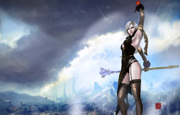 The sky, girl, light, mountains, magic, valley, staff, sorceress