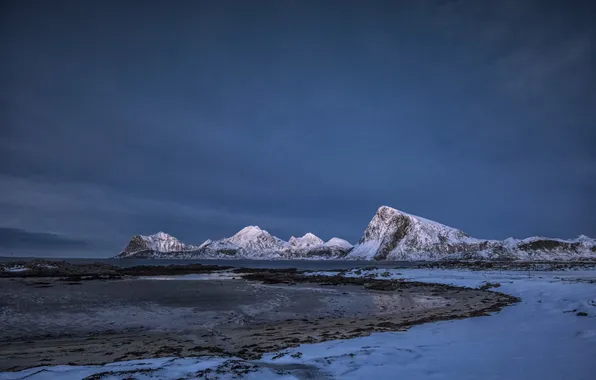 Sea, snow, mountains, rocks, North