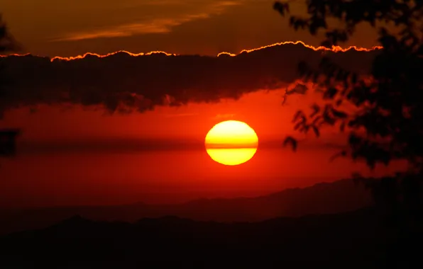 The sky, the sun, clouds, sunset, mountains, silhouette