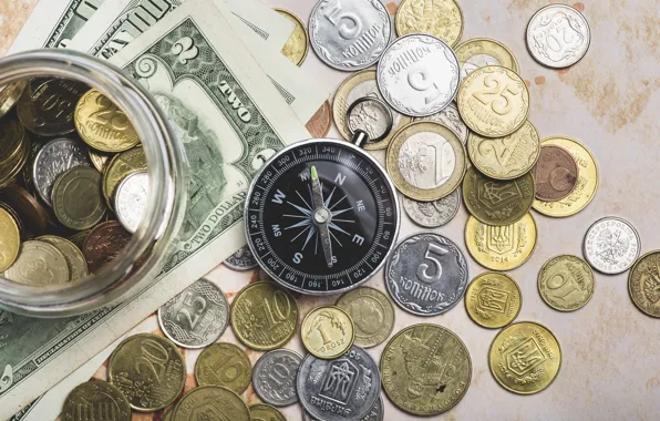 Money, dollars, compass, detail, money of different countries