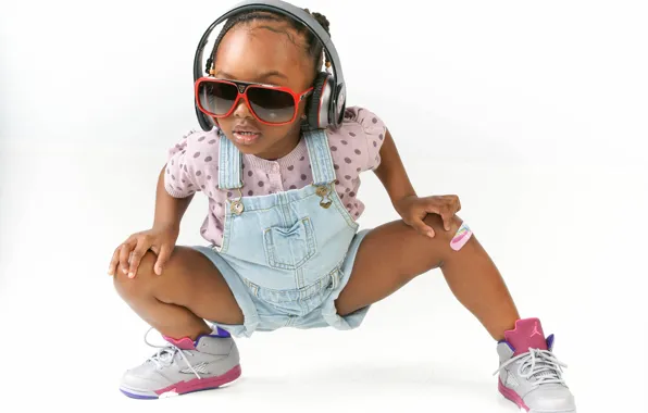 Children, pose, headphones, glasses, girl, white background, jumpsuit, sneakers