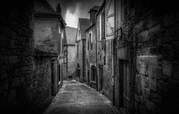 Picture road, the sky, clouds, the city, street, home, black and white, architecture