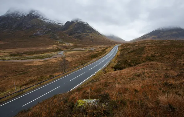 Wallpaper road, field, mountains, fog for mobile and desktop, section ...