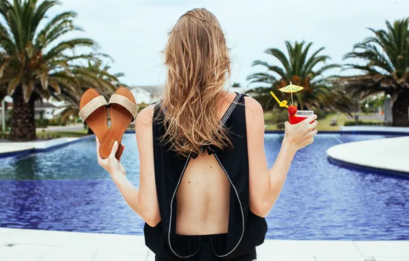 Girl, pool, hotel, hair, palm trees, drink, back, vacation