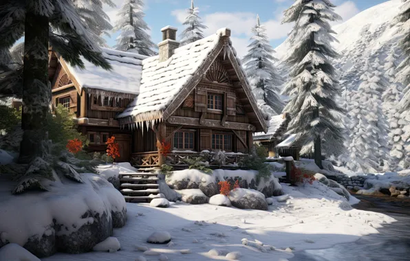 Winter, forest, snow, house, Christmas, New year, house, hut