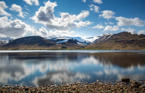 The sky, clouds, lake, Iceland, Iceland, mountain range, Meðalfellsvatn, Esja