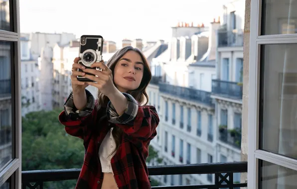 Look, girl, pose, smile, photo, actress, phone, Lily Collins