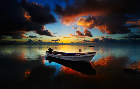Sea, clouds, reflection, sunset, boats