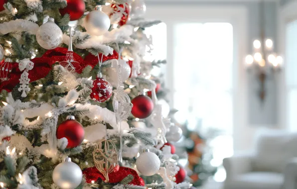 Balls, Christmas, red, New year, tree, white, herringbone, light background