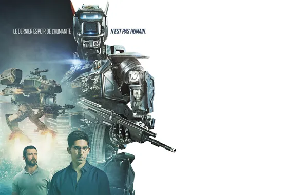 Picture weapons, robot, white background, poster, Hugh Jackman, Hugh Jackman, Chappie, The robot named Chappy