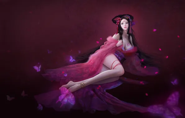 Girl, fantasy, butterfly, art, bed, ruoxin zhang