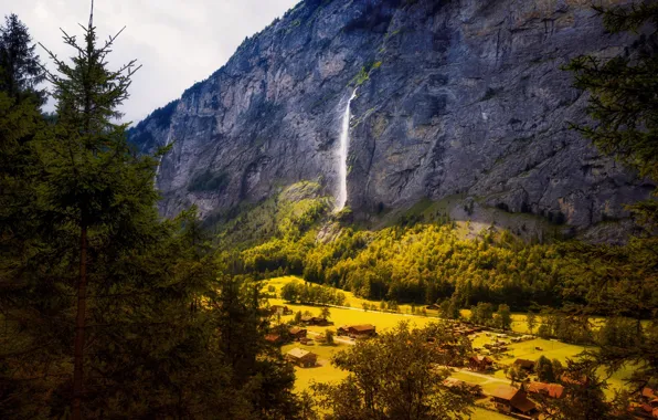 Field, forest, trees, mountains, rocks, waterfall, Switzerland, valley