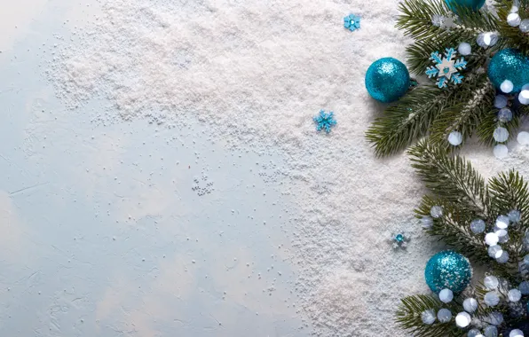 Snow, snowflakes, balls, tree, New Year, Christmas, Christmas, balls