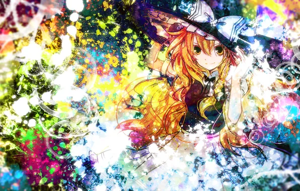 Girl, hat, colorful, art, braids, witch, bow, touhou