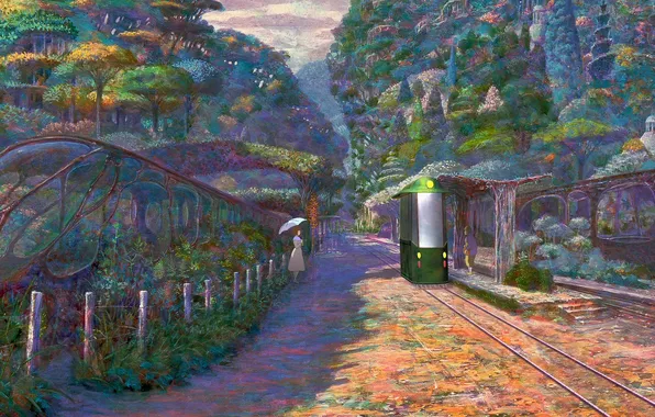 Trees, flowers, rails, picture, station, anime, boy, girl
