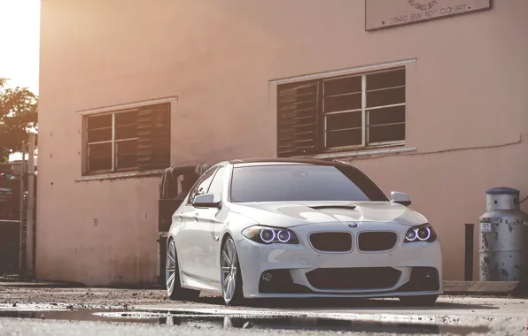 Picture white, bmw, BMW, puddle, white, the front, f10, daylight