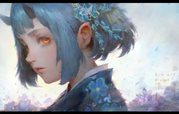 Girl, kimono, ears, blue hair, horns, forget-me-nots, yellow eyes, violet