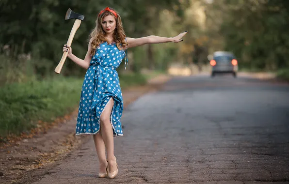 Road, summer, girl, face, dress, axe
