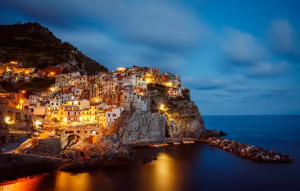 Sea, clouds, light, night, the city, lights, blue, stones