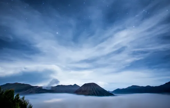 Picture sea, the sky, stars, clouds, night, island, the volcano, Indonesia