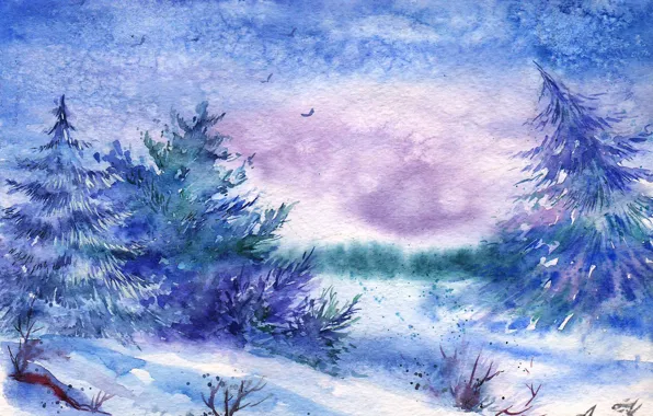 Winter, snow, birds, watercolor, tree, painted landscape