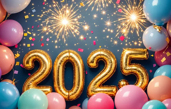Balls, lights, lights, balloons, Shine, salute, figures, New year