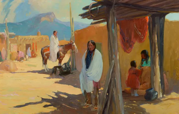 Picture Taos Pueblo, Oscar Edmund Berninghaus, Morning Shade