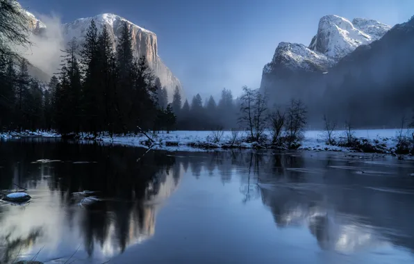 Winter, the sky, water, sunset, mountains, reflection, pine, sunset