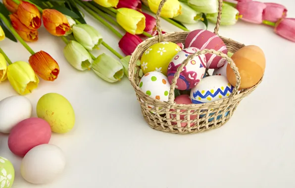 Flowers, eggs, colors, colorful, Easter, tulips, happy, wood