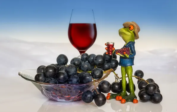 Wine, black, toy, glass, frog, grapes, blue background, figure