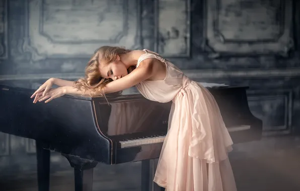 Picture girl, dress, piano, blonde, Anastasia Barmina, Anastasia Barmina