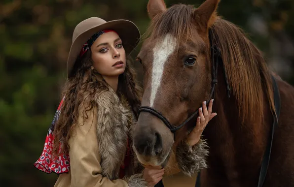 Picture girl, animal, horse, horse, hat, brown hair, curls, Anastasia Barmina