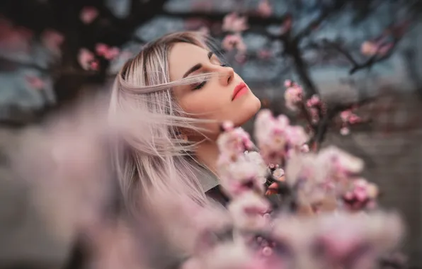 Picture girl, branches, nature, spring, blonde, flowering, Anastasia Donskaya