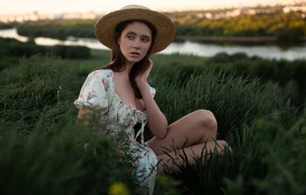 Picture hat, dress, brown hair, hat, legs, sitting, Disha Shemetova, Andrey Frolov