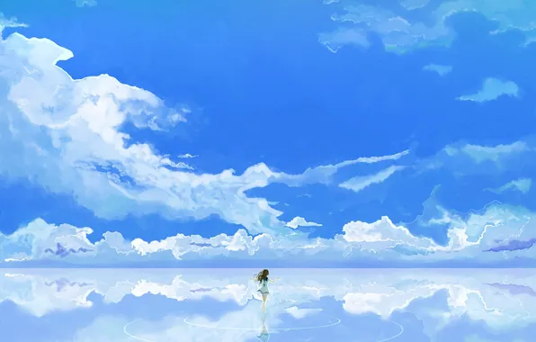 The sky, water, girl, clouds, art, like no asukara, mukaido manaka, kyichi