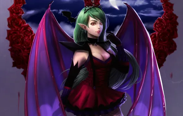 Picture girl, the moon, wings, anime, dress, art, vampire, Crescent