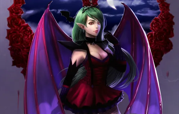 Girl, the moon, wings, anime, dress, art, vampire, Crescent