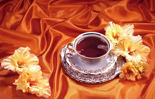 Picture BACKGROUND, FLOWERS, FABRIC, SILK, TEA, CUP